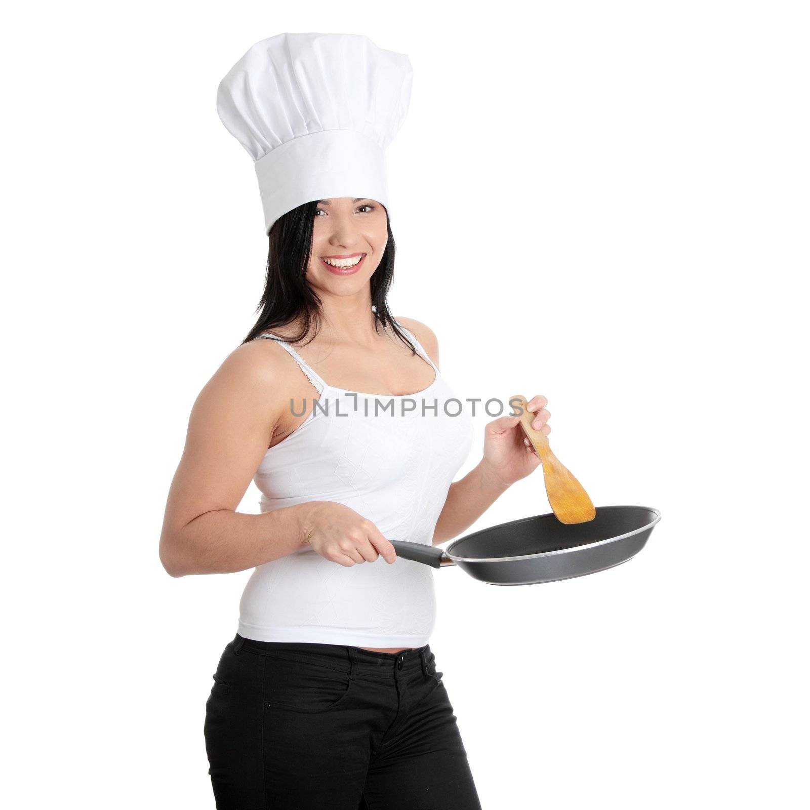 Young woman cooking healthy food, isolated on white
