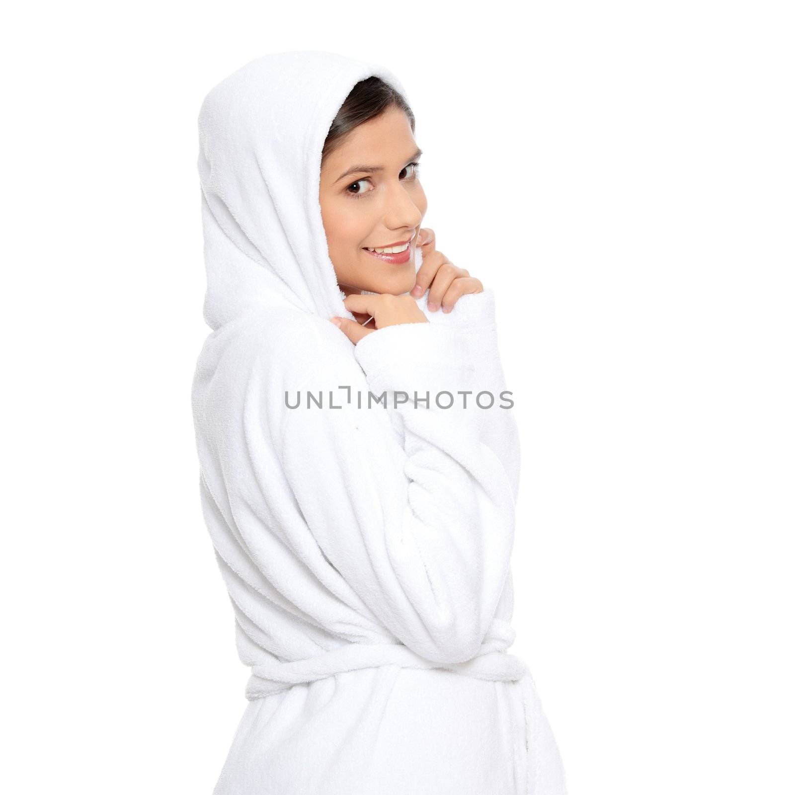 Young beautiful happy woman in bathrobe, isolated on white