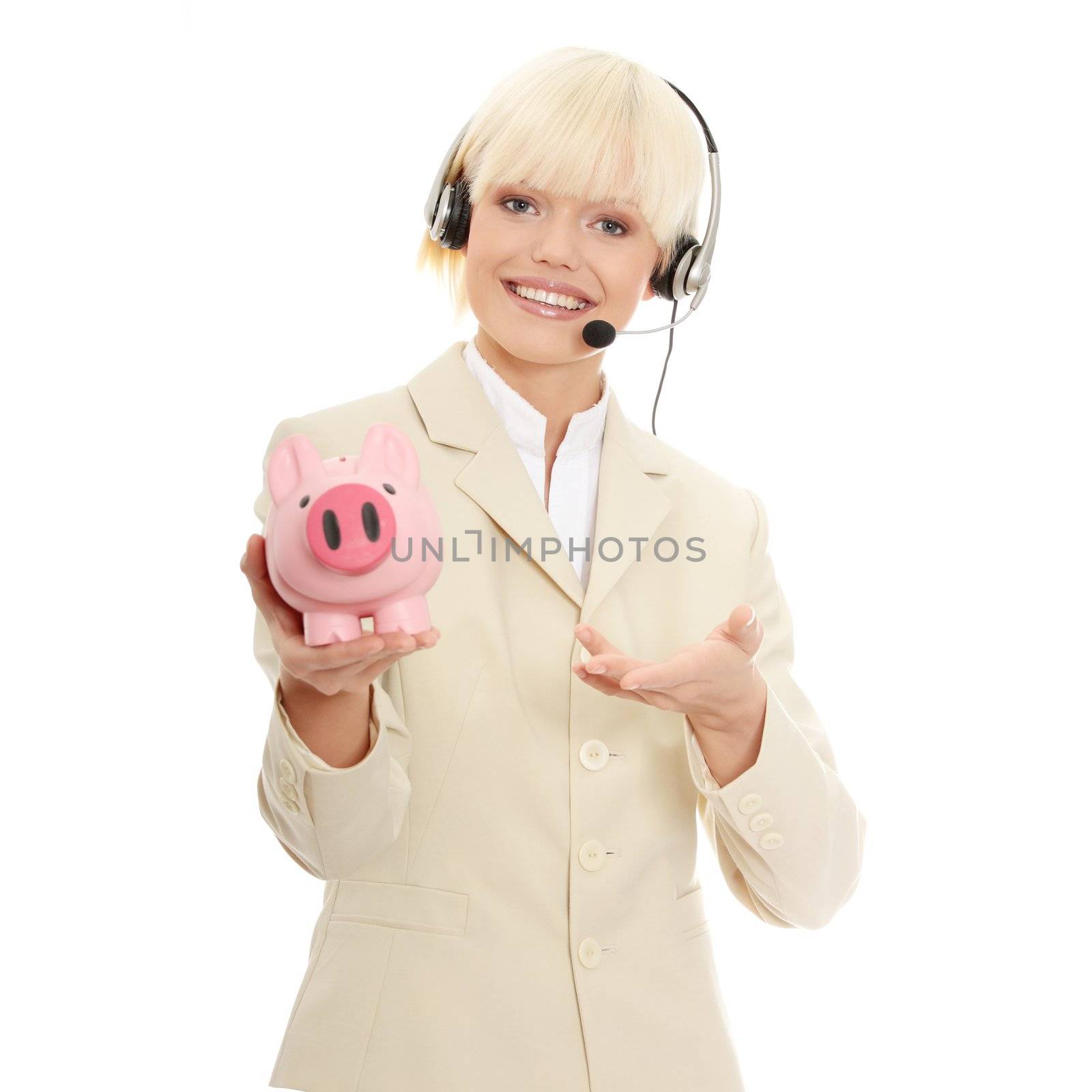Woman with headset holding piggy bank by BDS