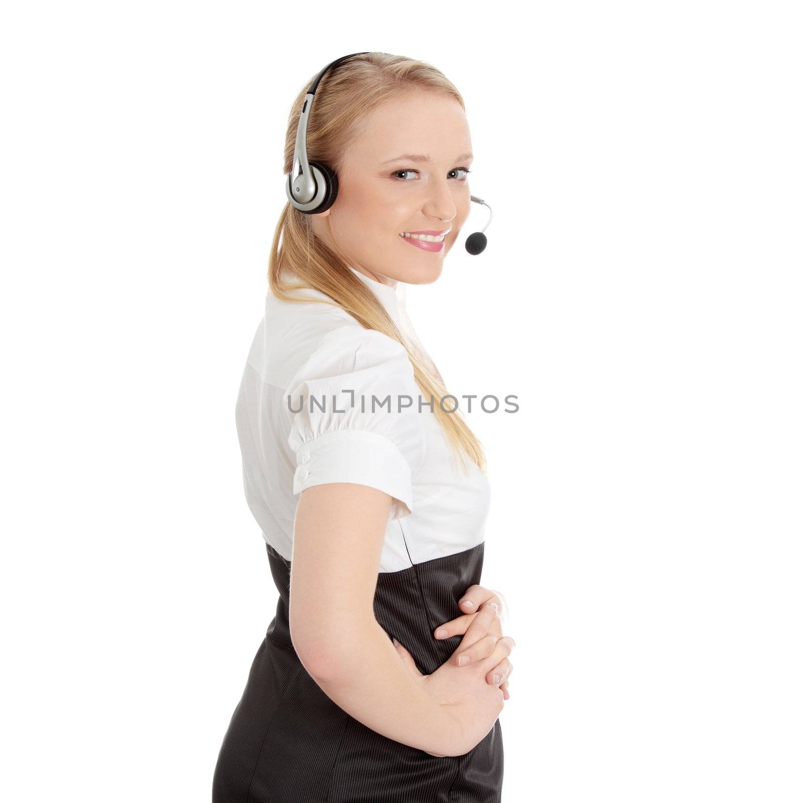 Call center woman with headset. Isolated on white