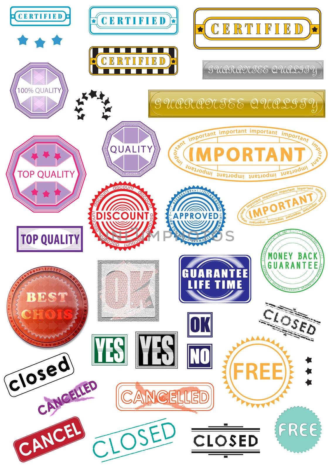 Rubber stamps, stickers, labels, signs and symbols clipart in vector
