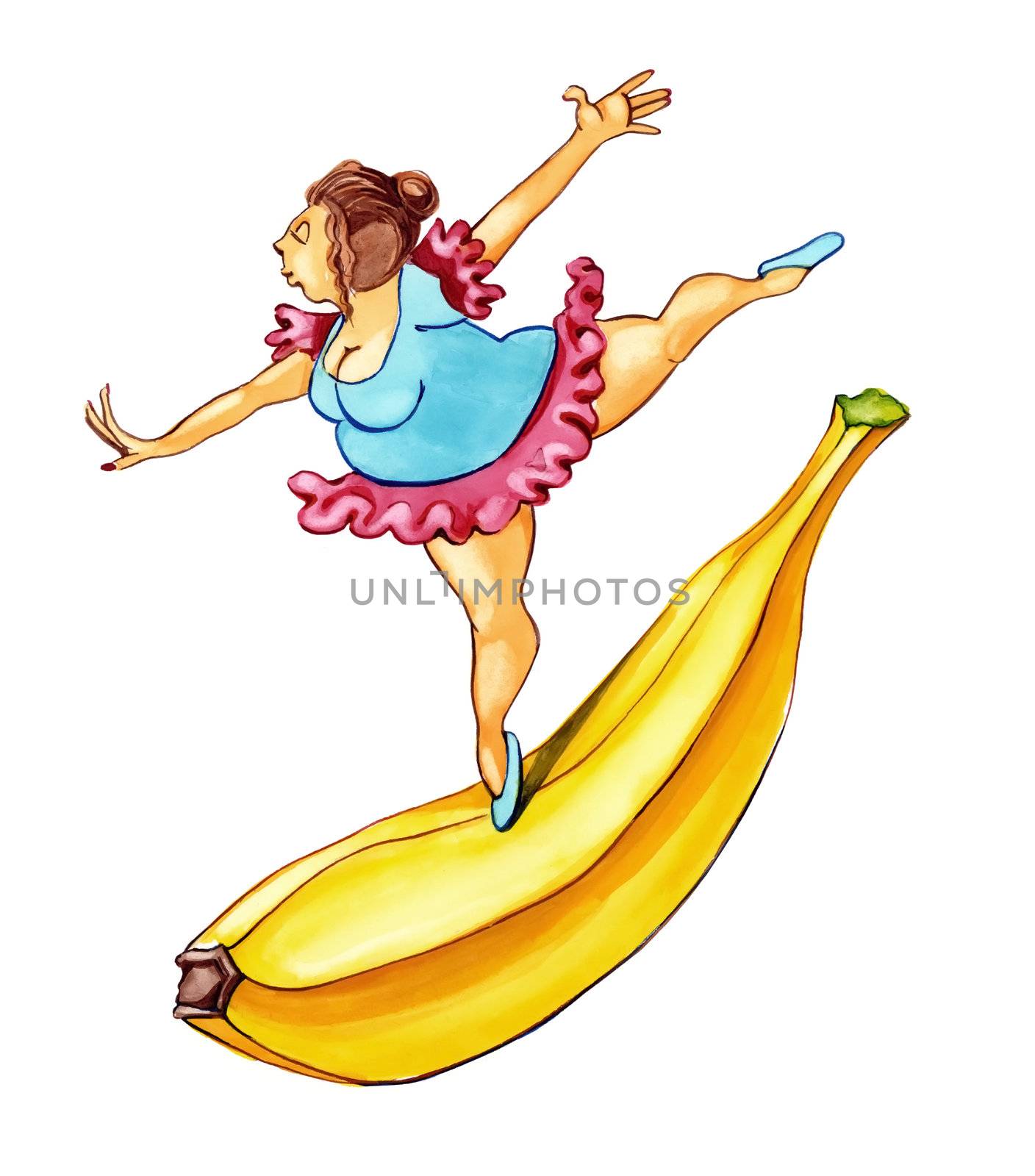 illustration of overweight woman dancing on big banana