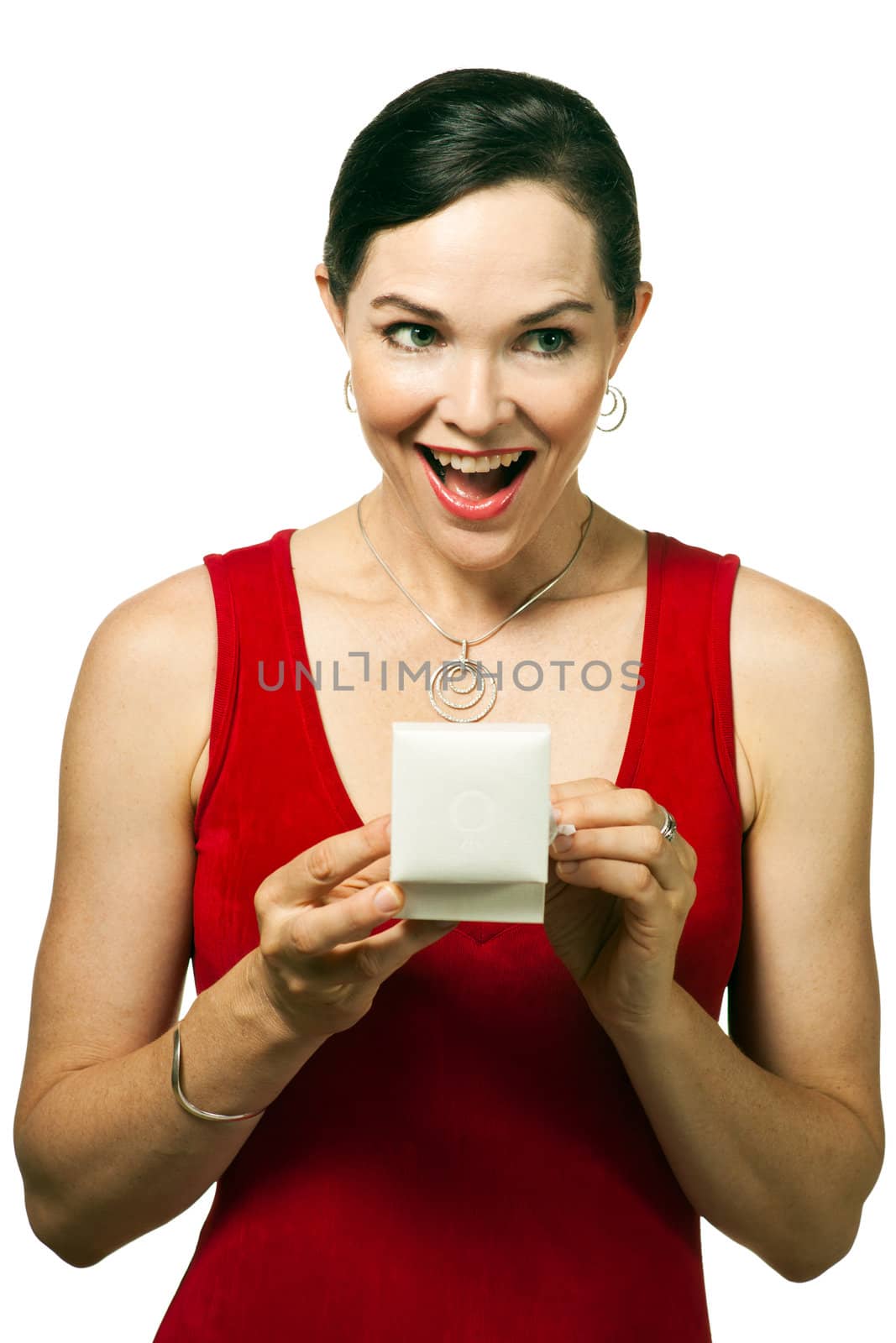 Very attractive young woman  opening jewellery gift box. Smiling and looking at present giver.