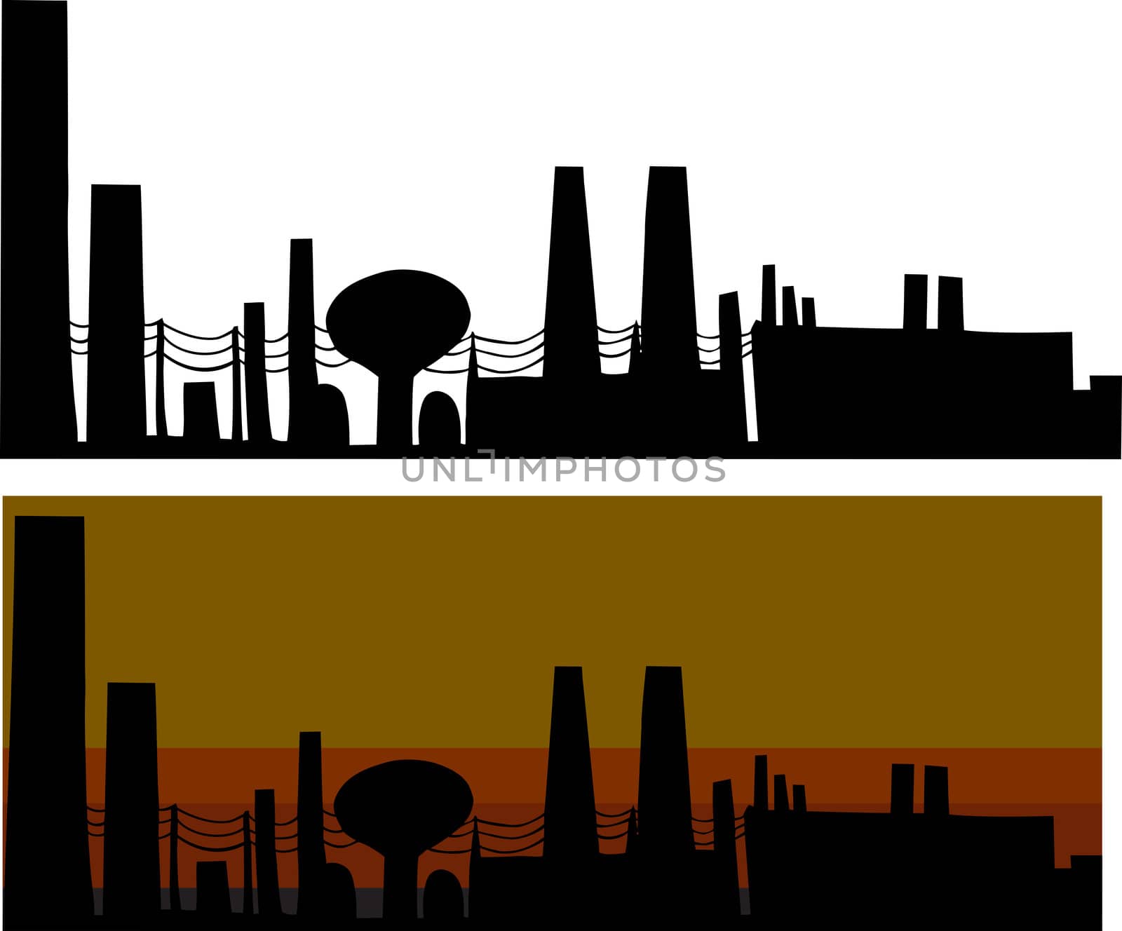 Silhouette industrial scene with factories in isolated and smoggy background