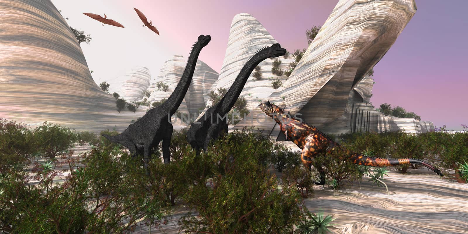 A Carnotaurus dinosaur approaches two huge Brachiosaurus for a battle while two Pterodactyls watch.
