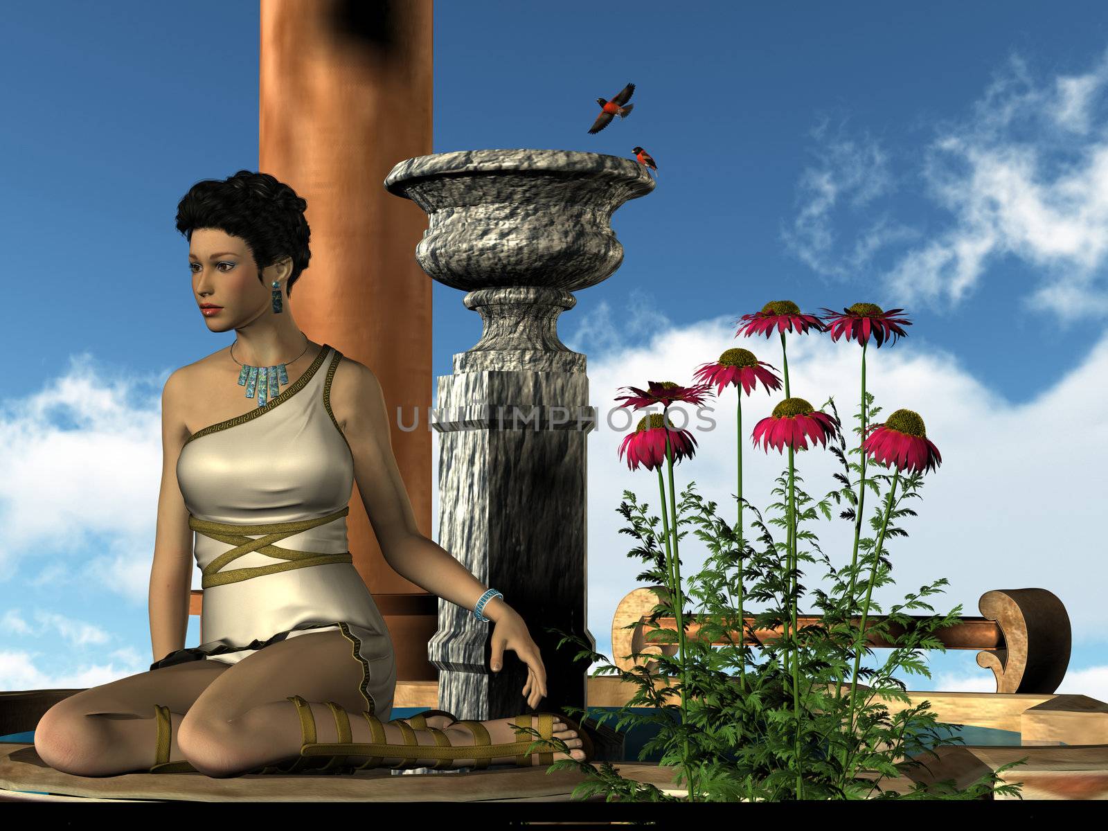 Beautiful jewelry adorn a Roman woman enjoying a morning in the garden.