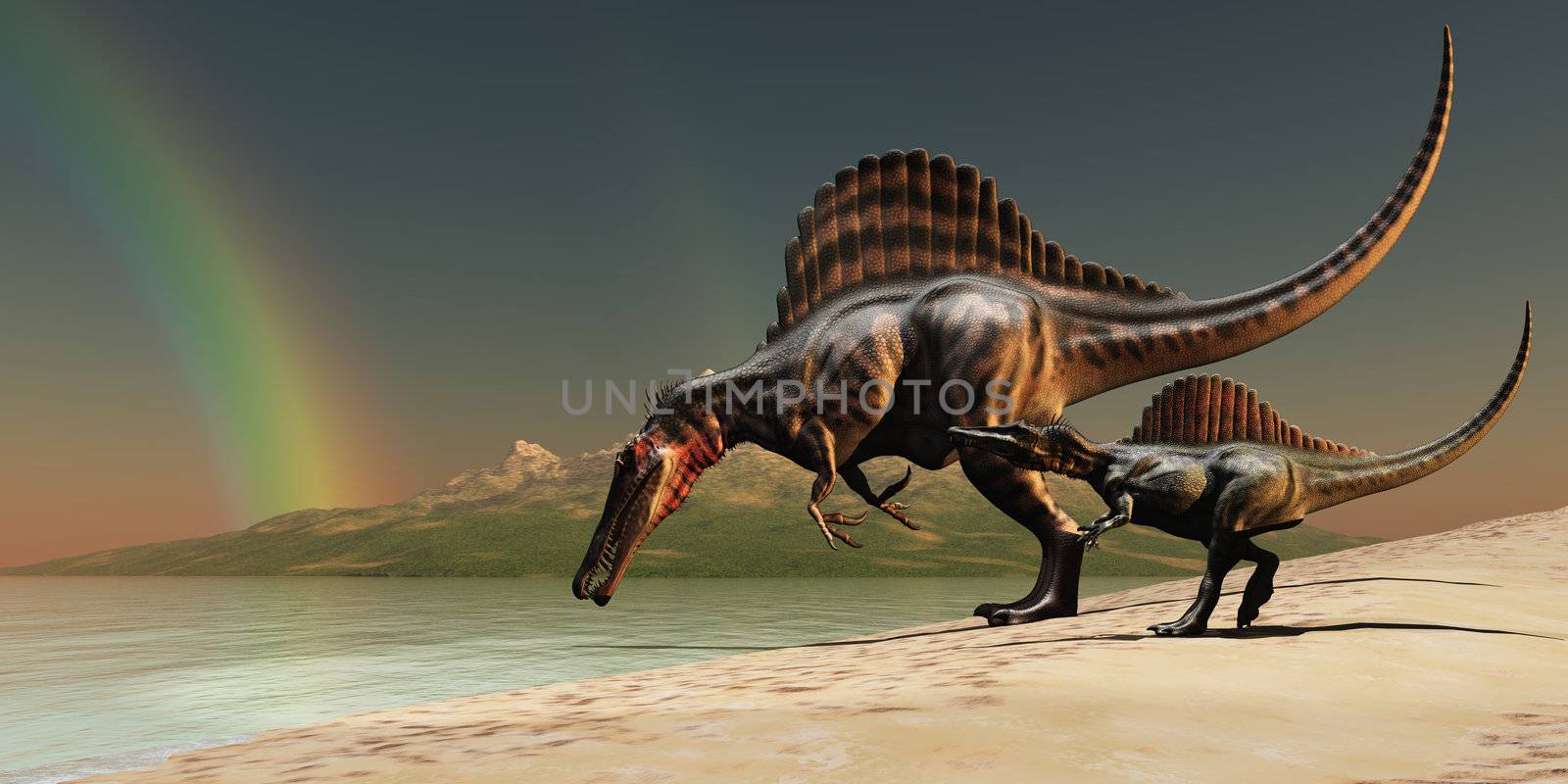 A mother Spinosaurus dinosaur brings her offspring to a lake for a drink of water.