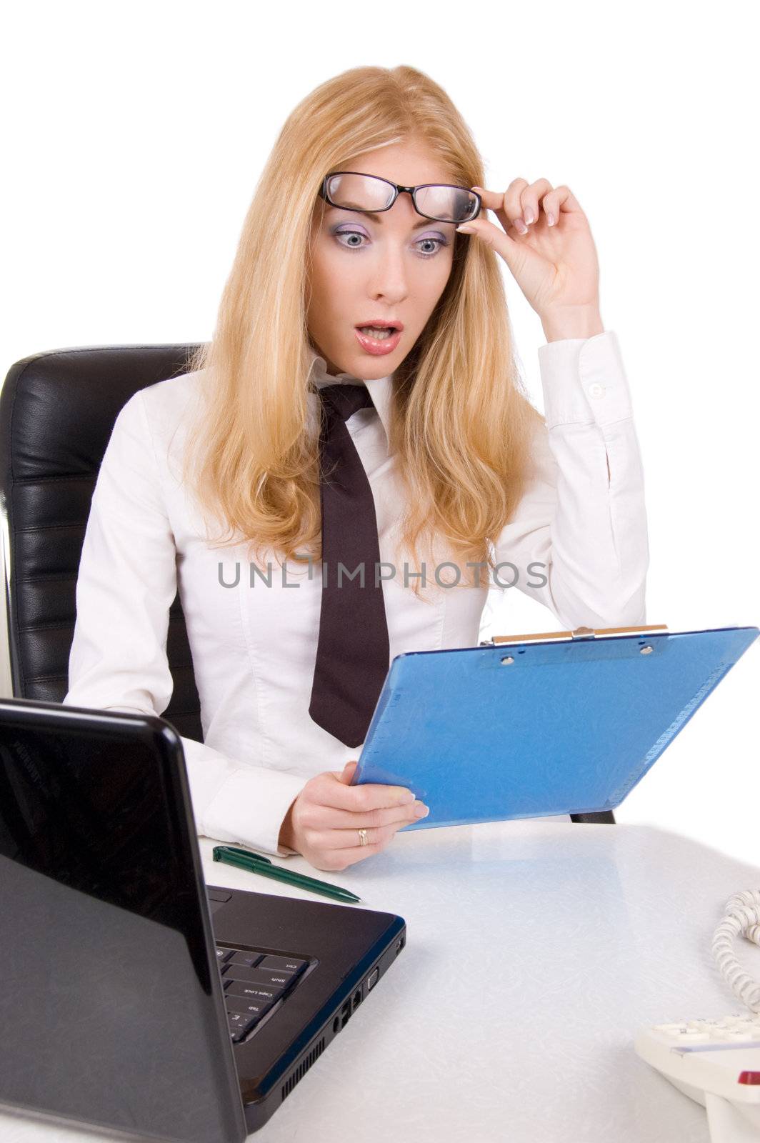 Shocked businesswoman with glasses up by Angel_a