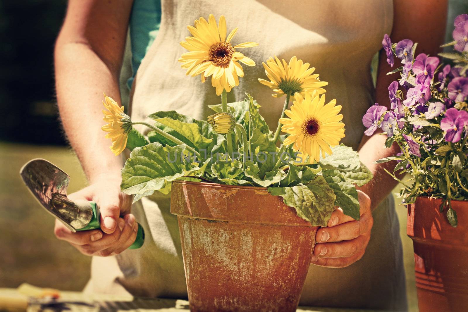 Woman doing garden work with vintage look feel