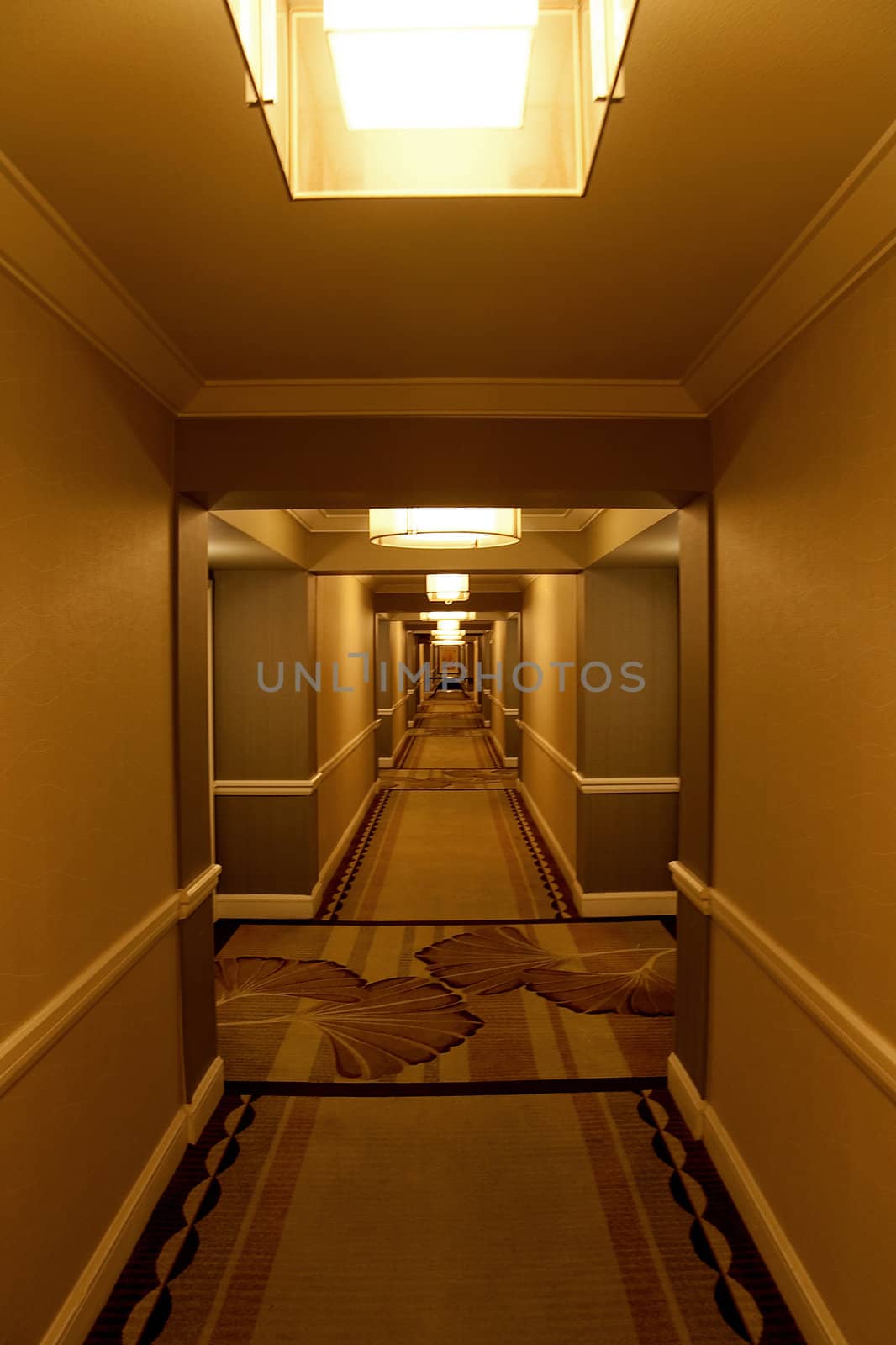 A long modern hotel hallway with rooms on either side