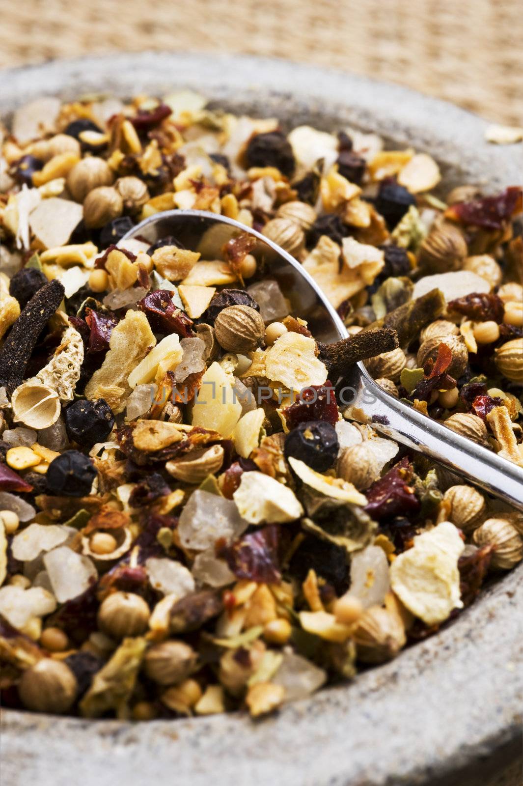 Mix of spices and herbs for seasoning of food - macro