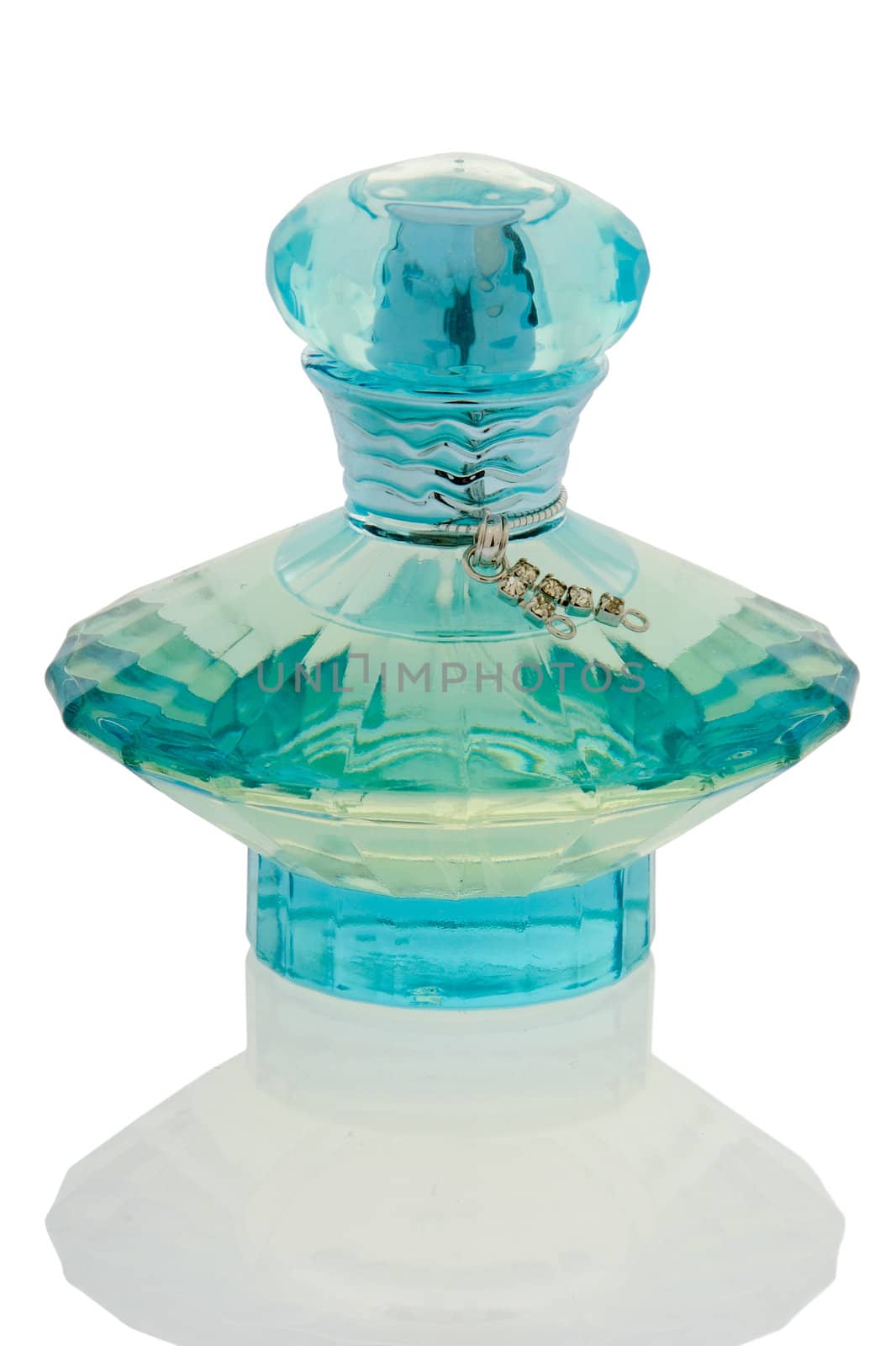 Perfume bottle and reflection on a clean white background