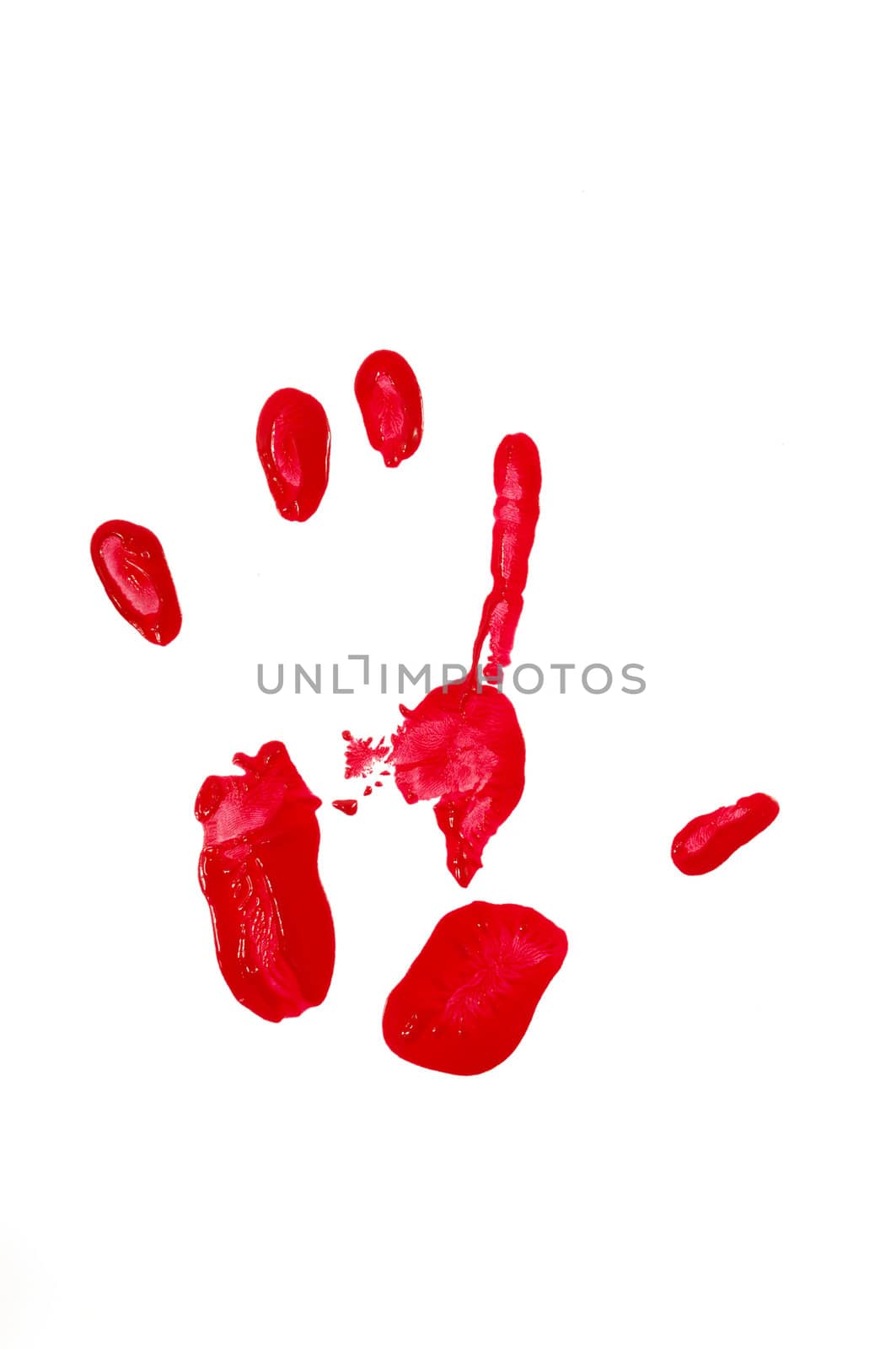 A hand print with red paint on white background