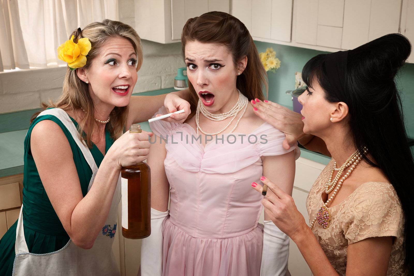 Retro styled women pressure another lady with smoking and alcohol 