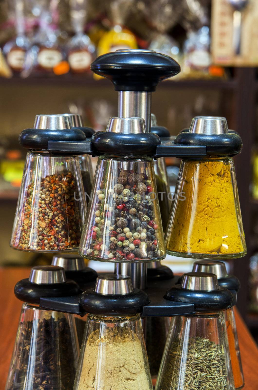 Different spices on the counter of market