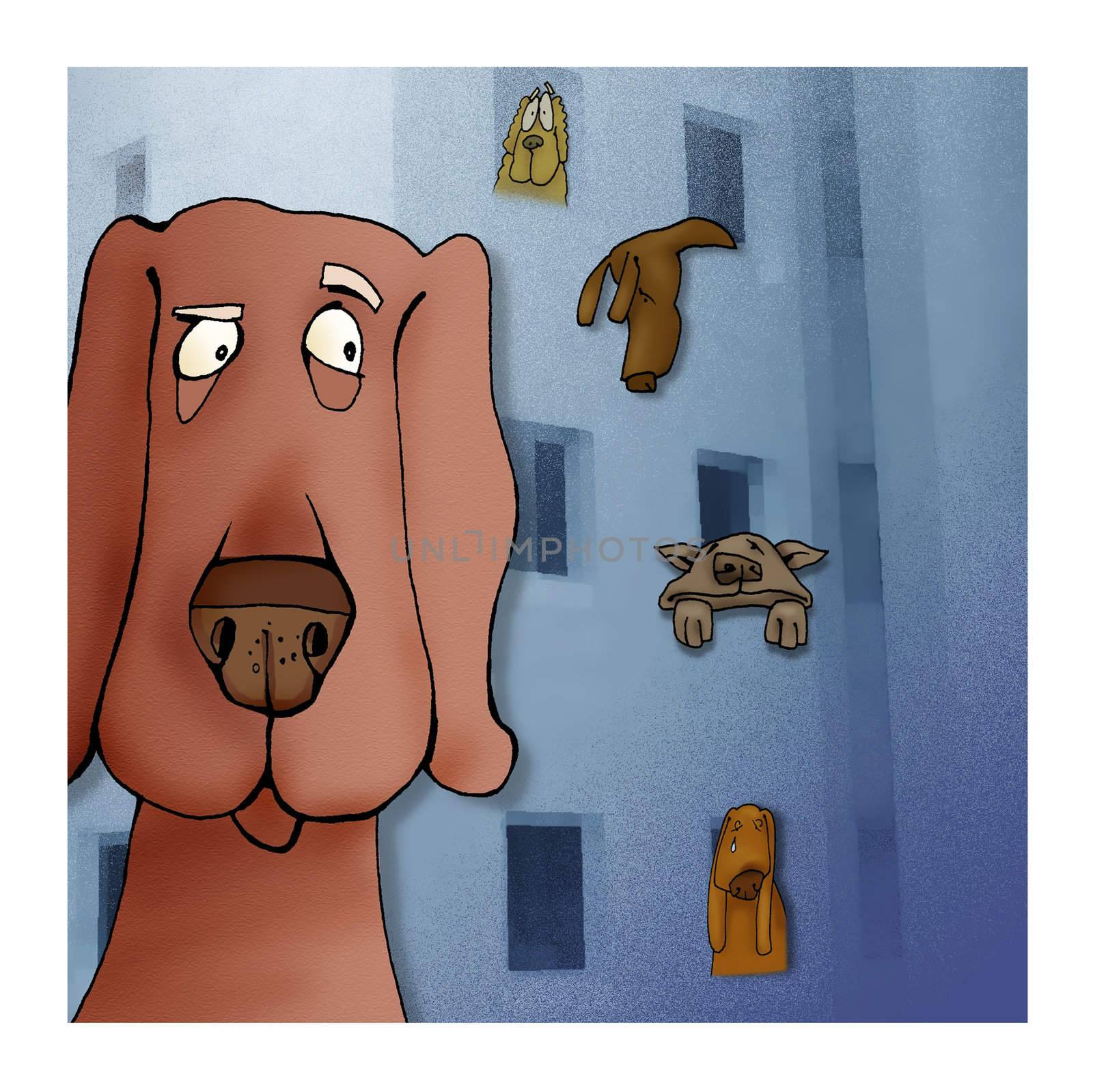 cartoon illustration of dog in the big city