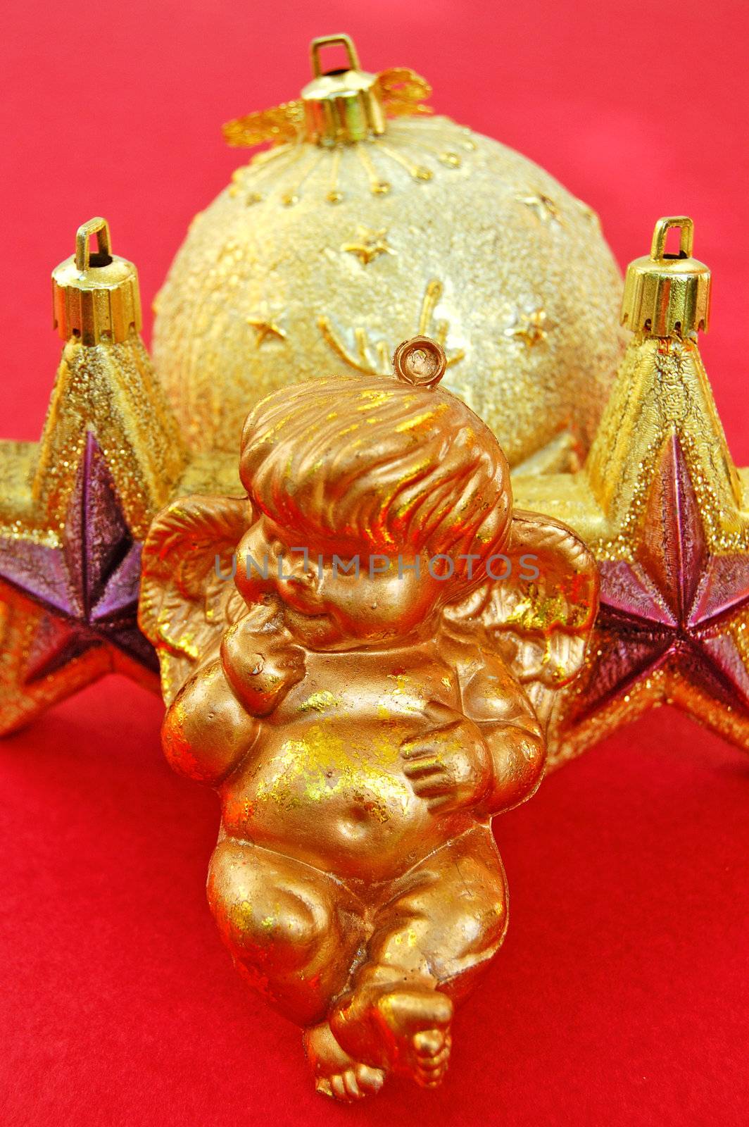Angel, stars and bauble. Christmas holiday decoration.