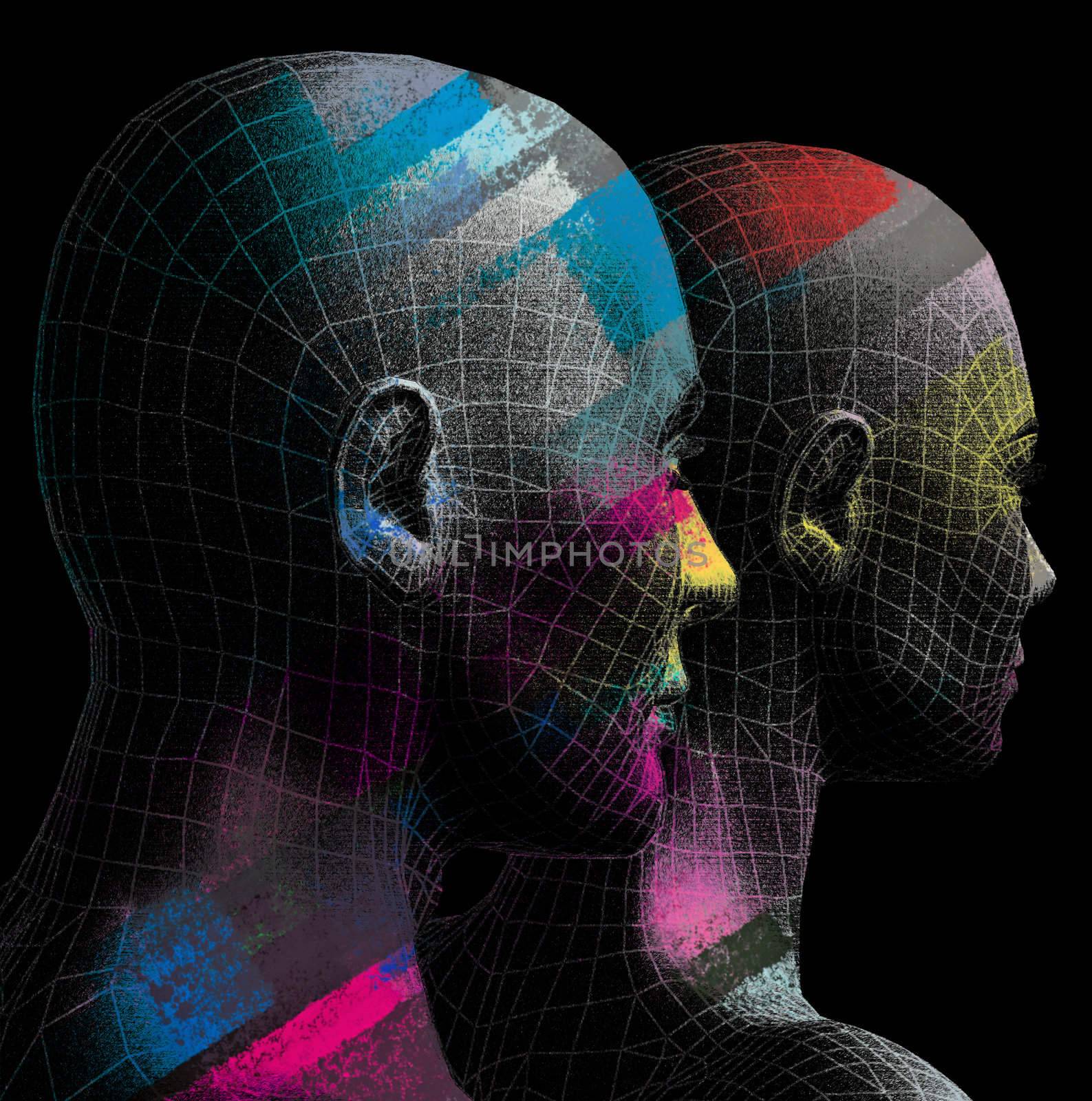 3-d computer generated illustration. Male and female futuristic figures with bright color strokes.