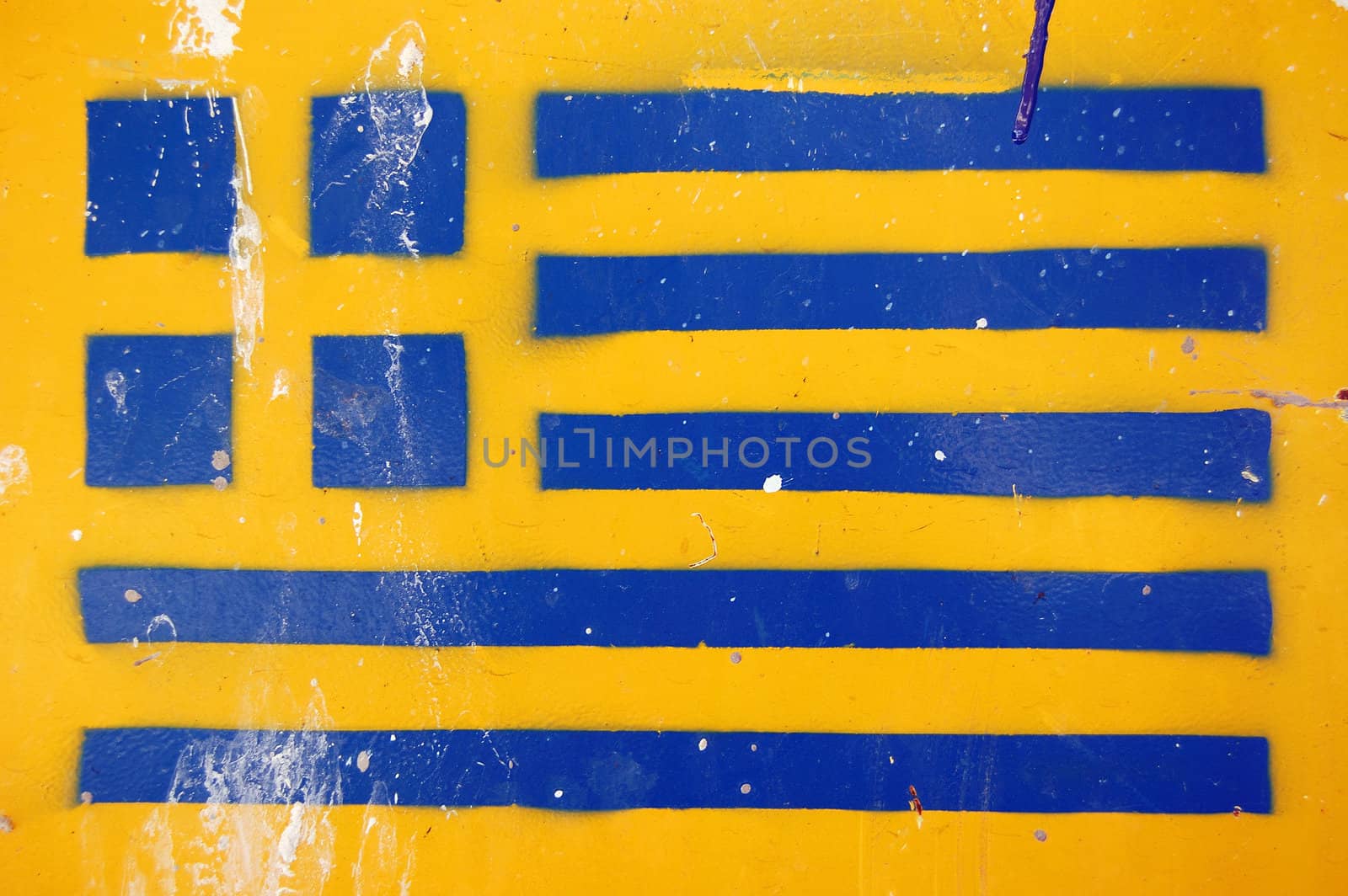 Greek flag stencil on metal surface. Weathered grunge background.