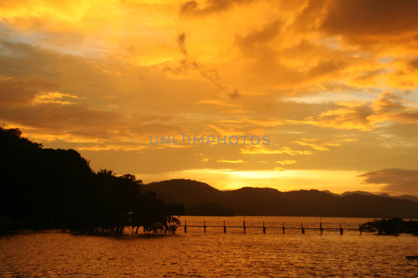 yellow sunset with silhouettes of mountain, trees and  bridge
