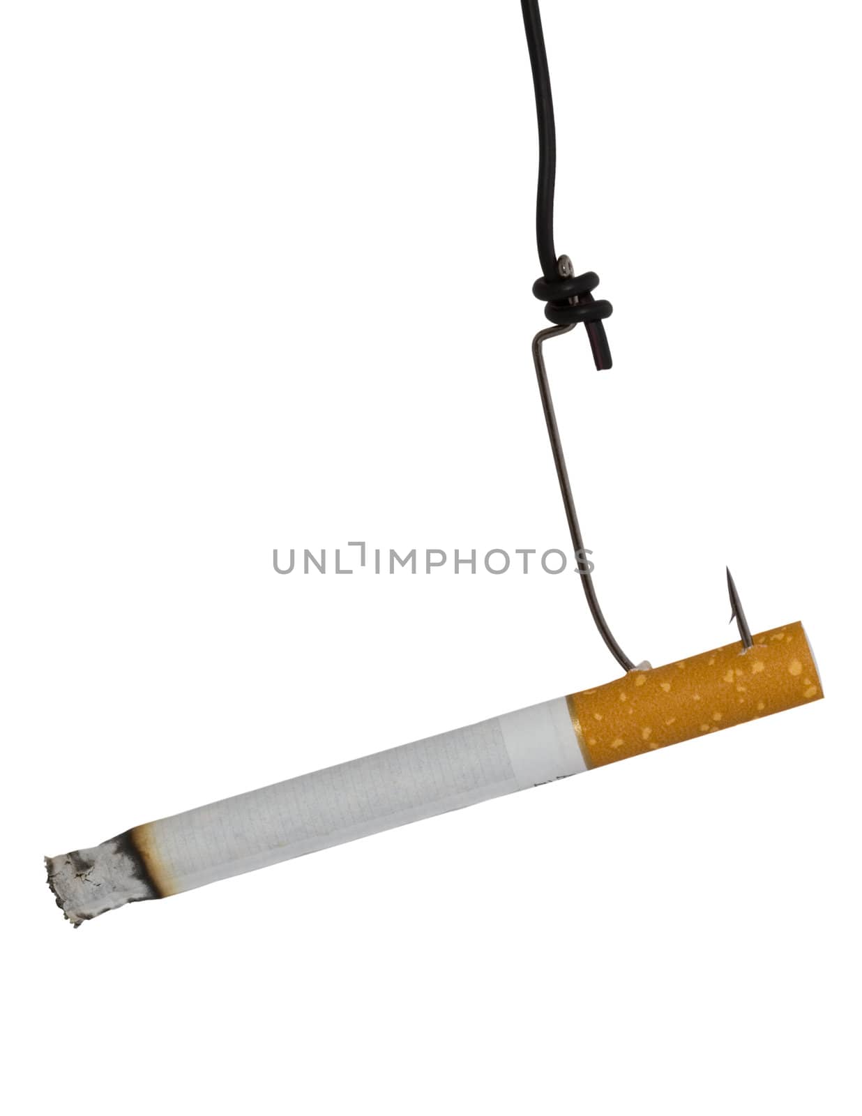 Close-up shot of cigarette on a hook on a white background