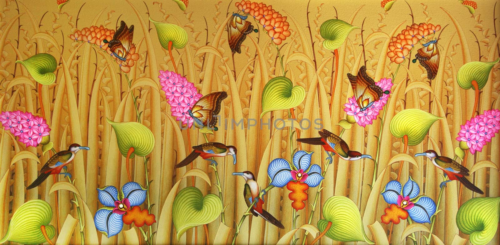  Picture with the image of butterflies, flowers and birds