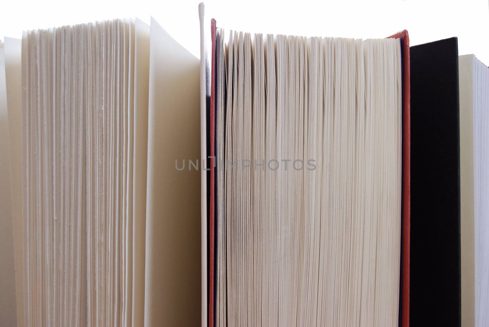 Horizontal image of several books standing upright with their pages facing the viewer, against a bright white background.