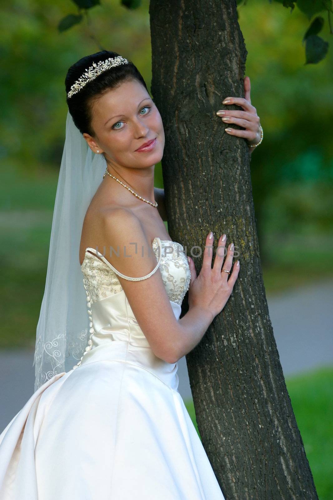 Portrait of the beautiful bride worth near a tree