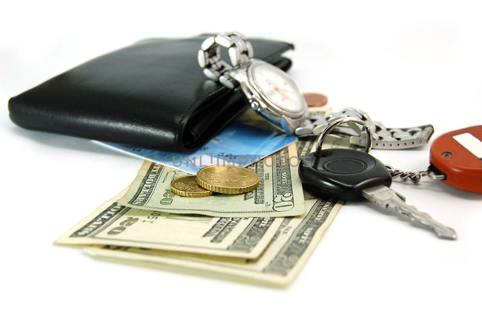 black wallet, card, cents, dollars and car keys