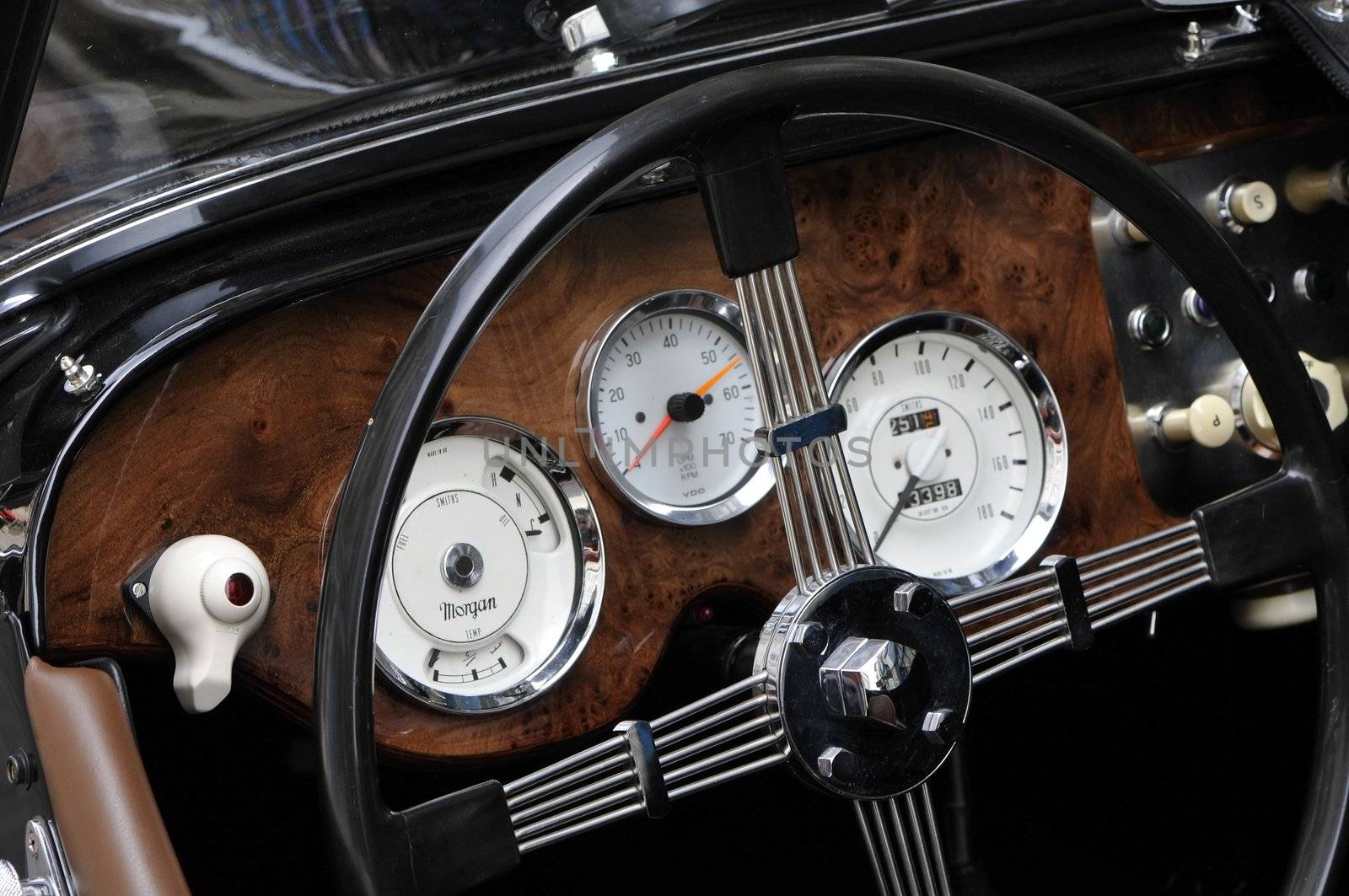 Old wood dashboard of a black Morgan car
