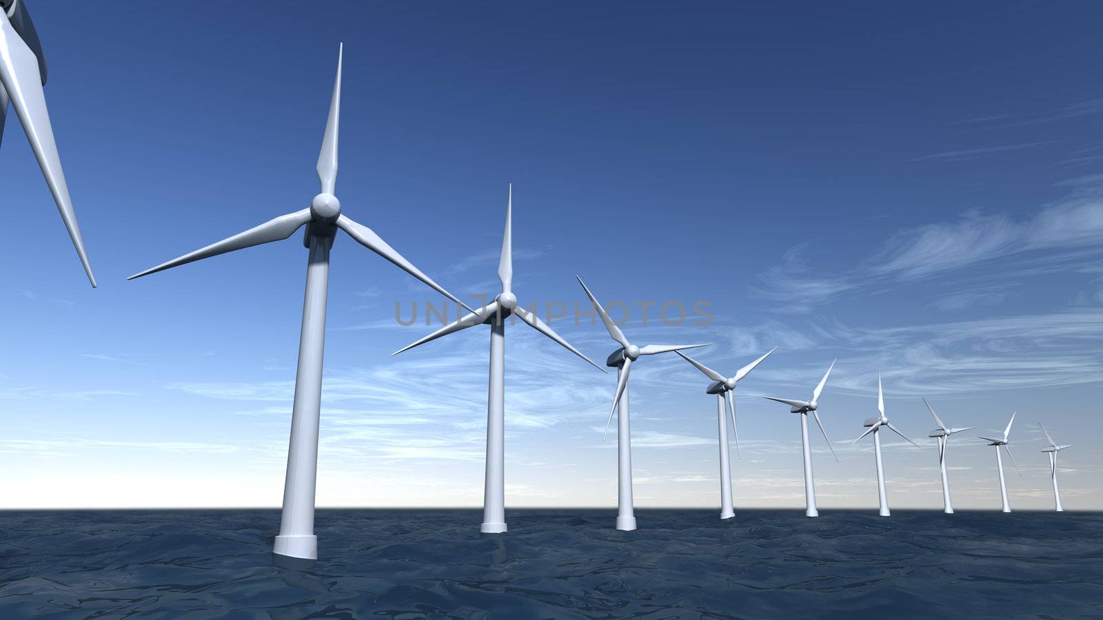 Seascape of offshore wind turbines with a blue sky