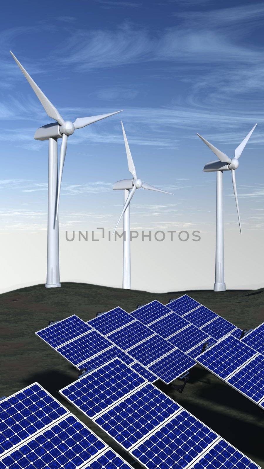 Solar panels and wind turbines with a blue sky by shkyo30