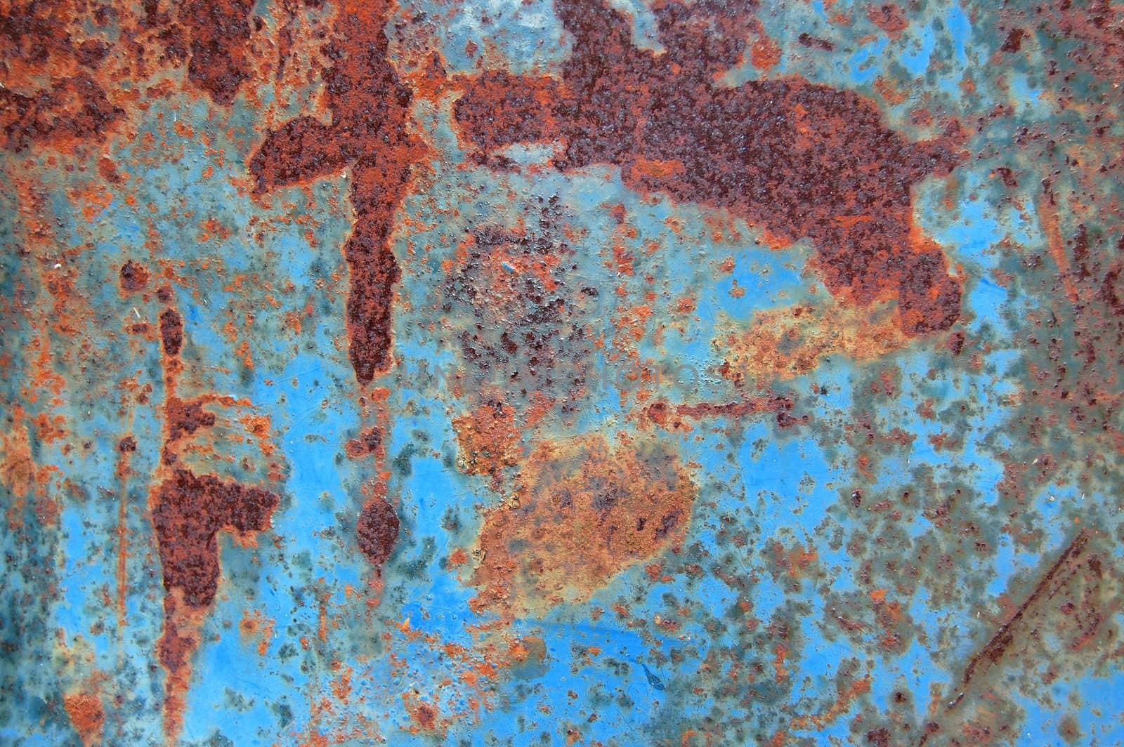 Metal texture with peeled blue paint and rust. Abstract background.