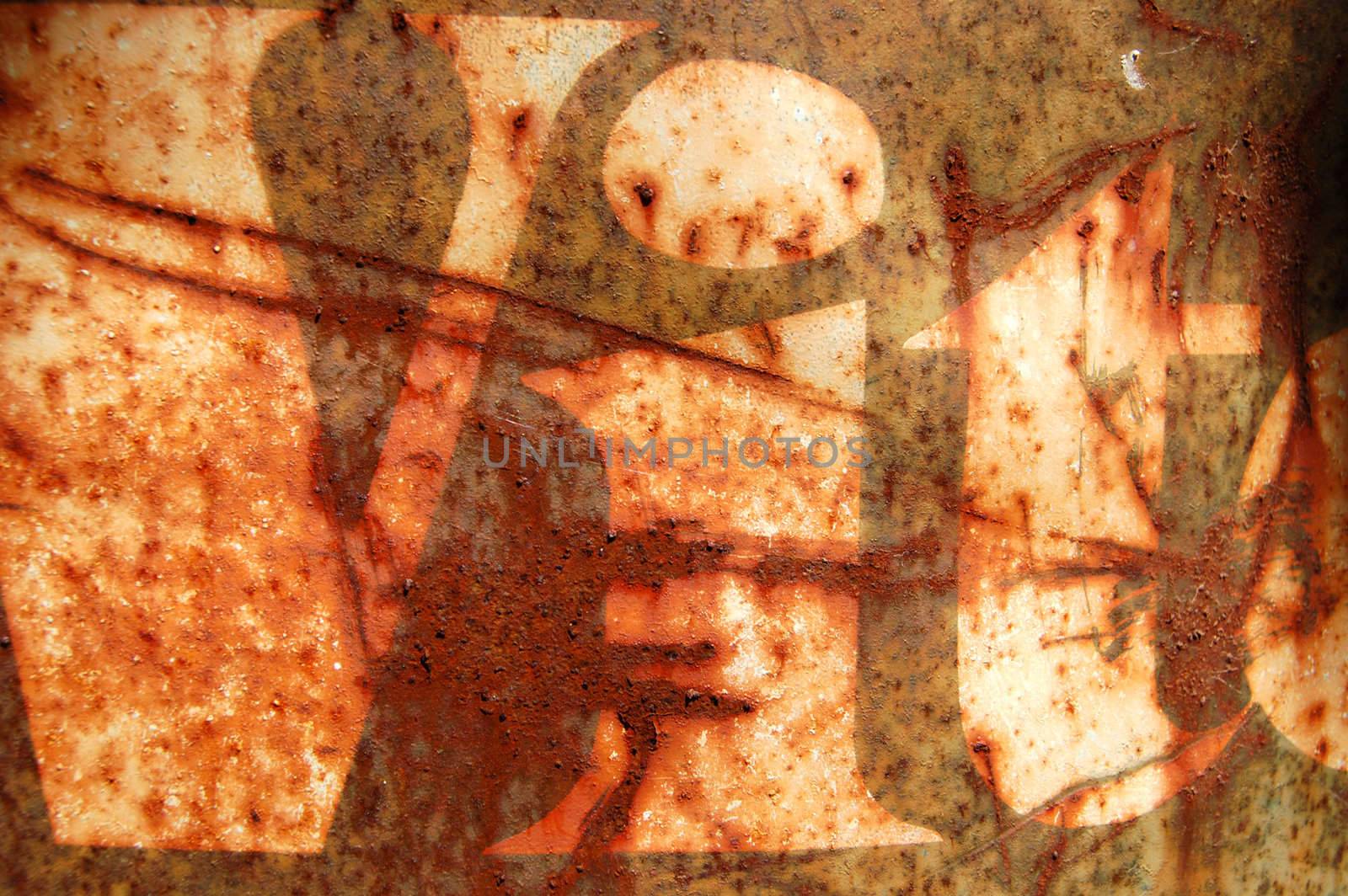 Rusty metal barrel surface with weathered type stencil detail. Abstract background texture.