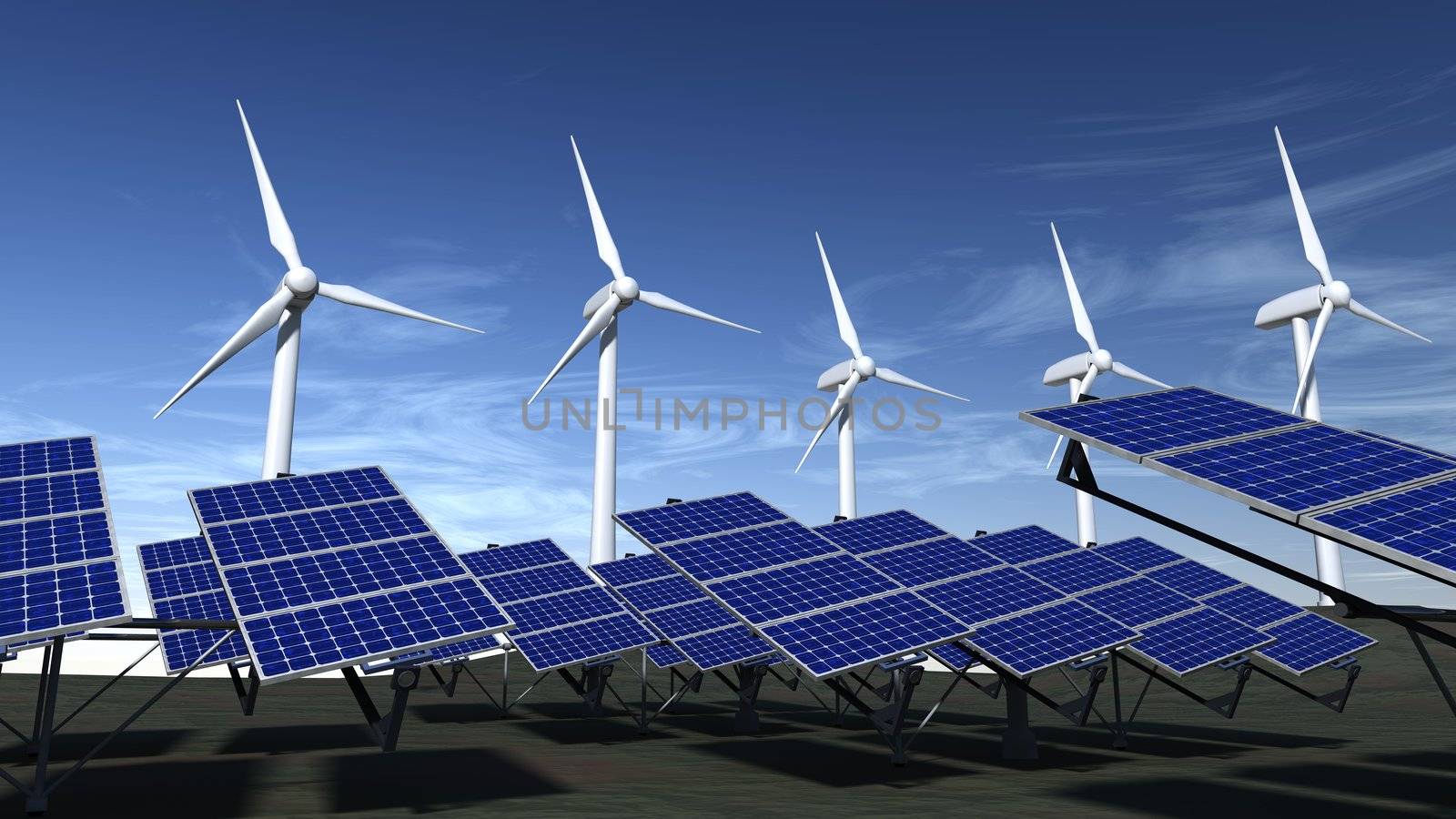 Wind turbines and articulated solar panels with a blue sky