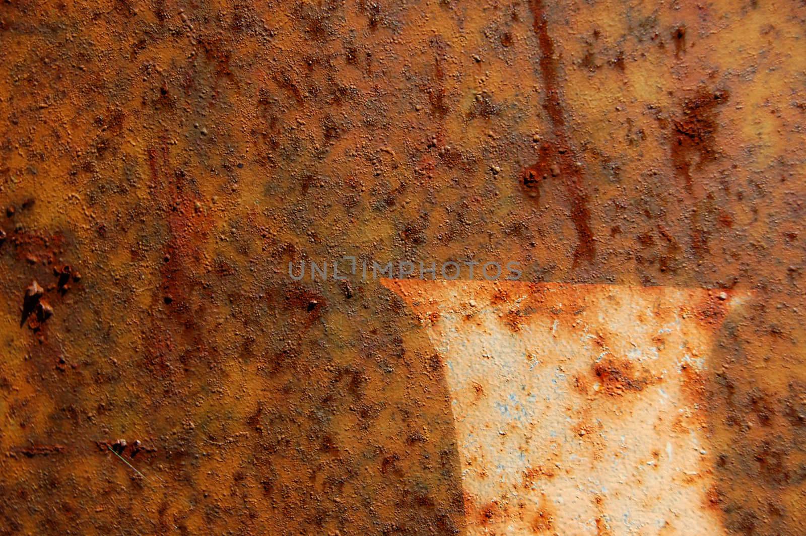 Type stencil detail on rusted metal surface. Abstract background texture.