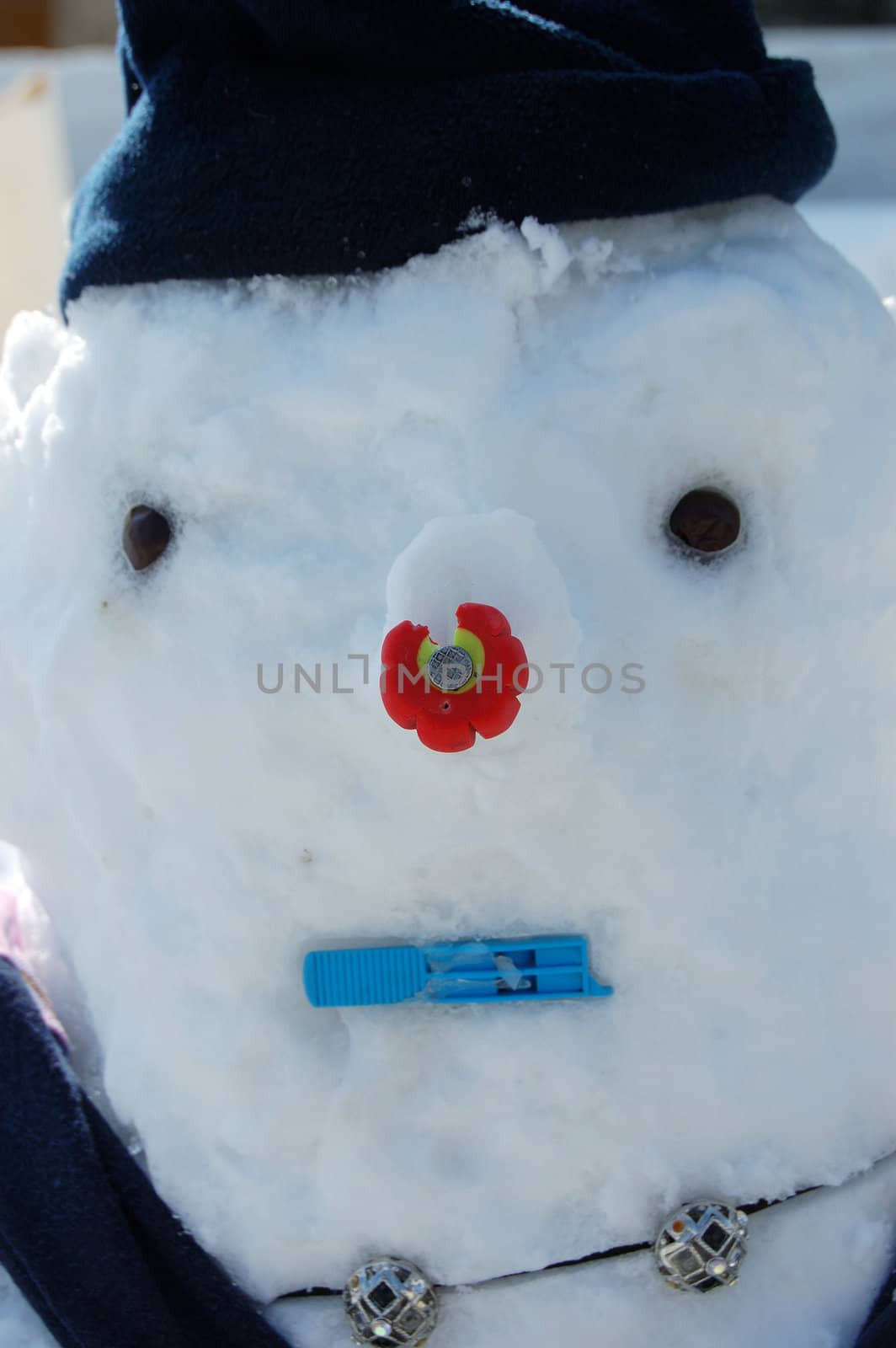 Snowman with hat and scarf on a cold winter day.