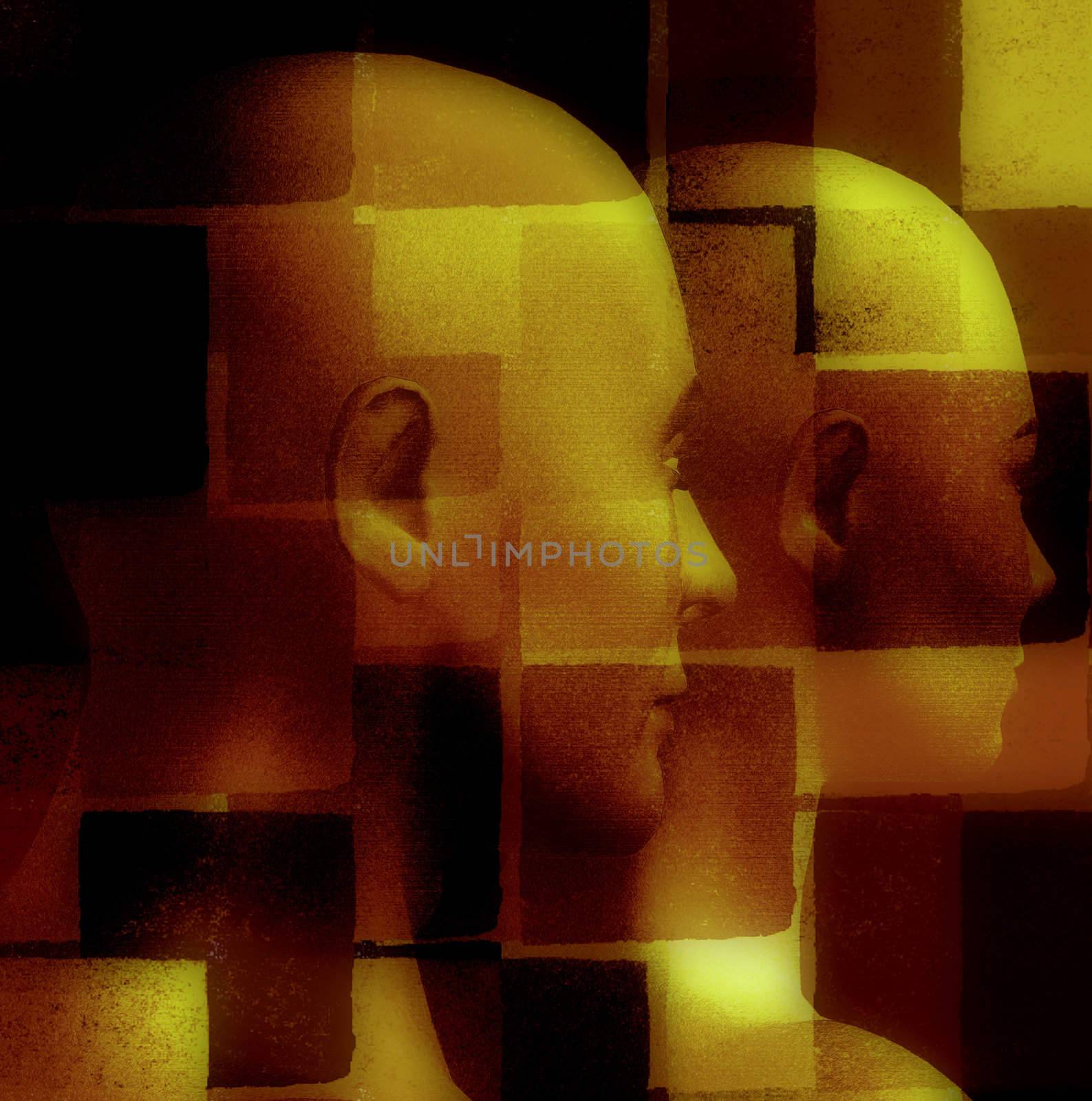 Male and female figures and geometric pattern. 3d computer generated illustration.