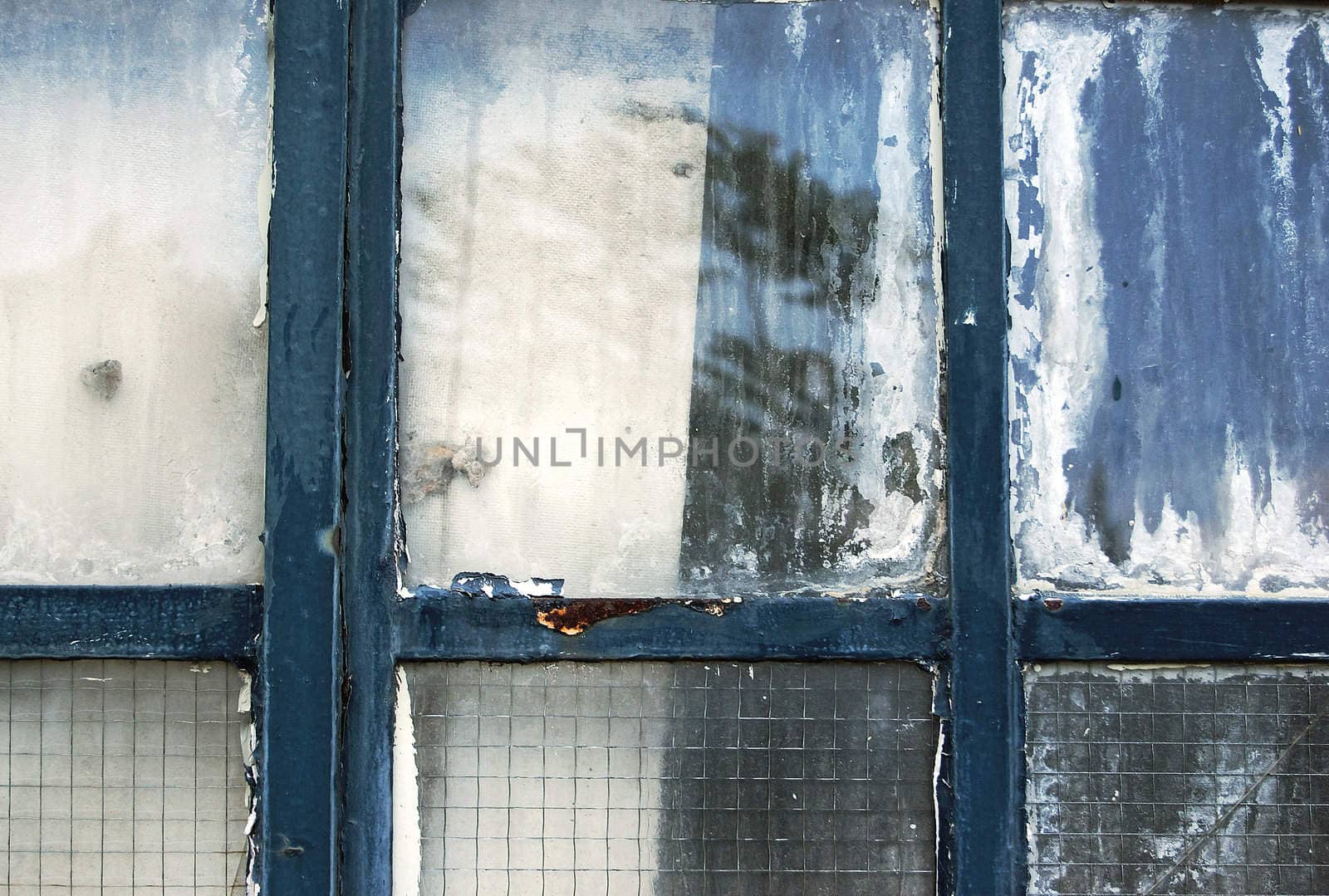 Weathered industrial window detail with tree reflections. Abstract background.