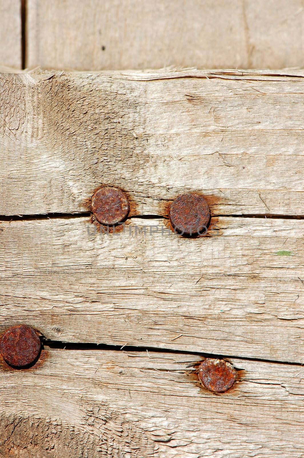 Wood plank surface with rusty nails. Background texture.