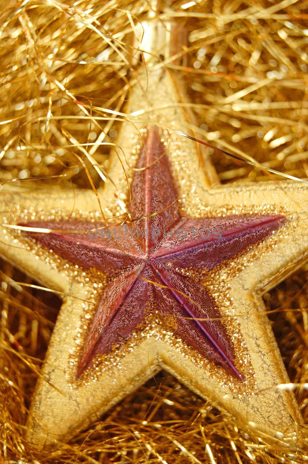 Christmas tree decoration detail. Golden star ornament background.