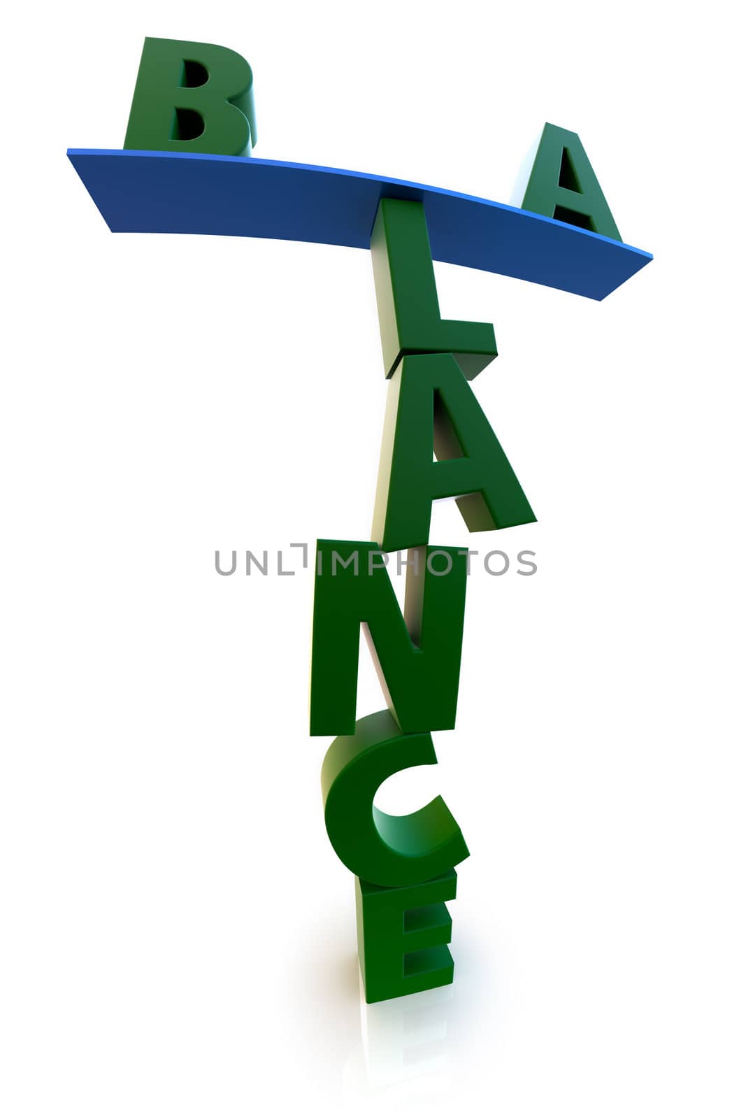 The word Balance in green rendered over white with wide-angled lens. The letters B and A balancing on a blue board on the letter L.