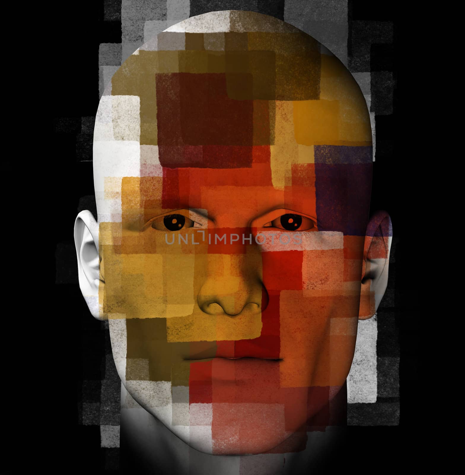 Male portrait and geometric pattern. 3d computer generated illustration.