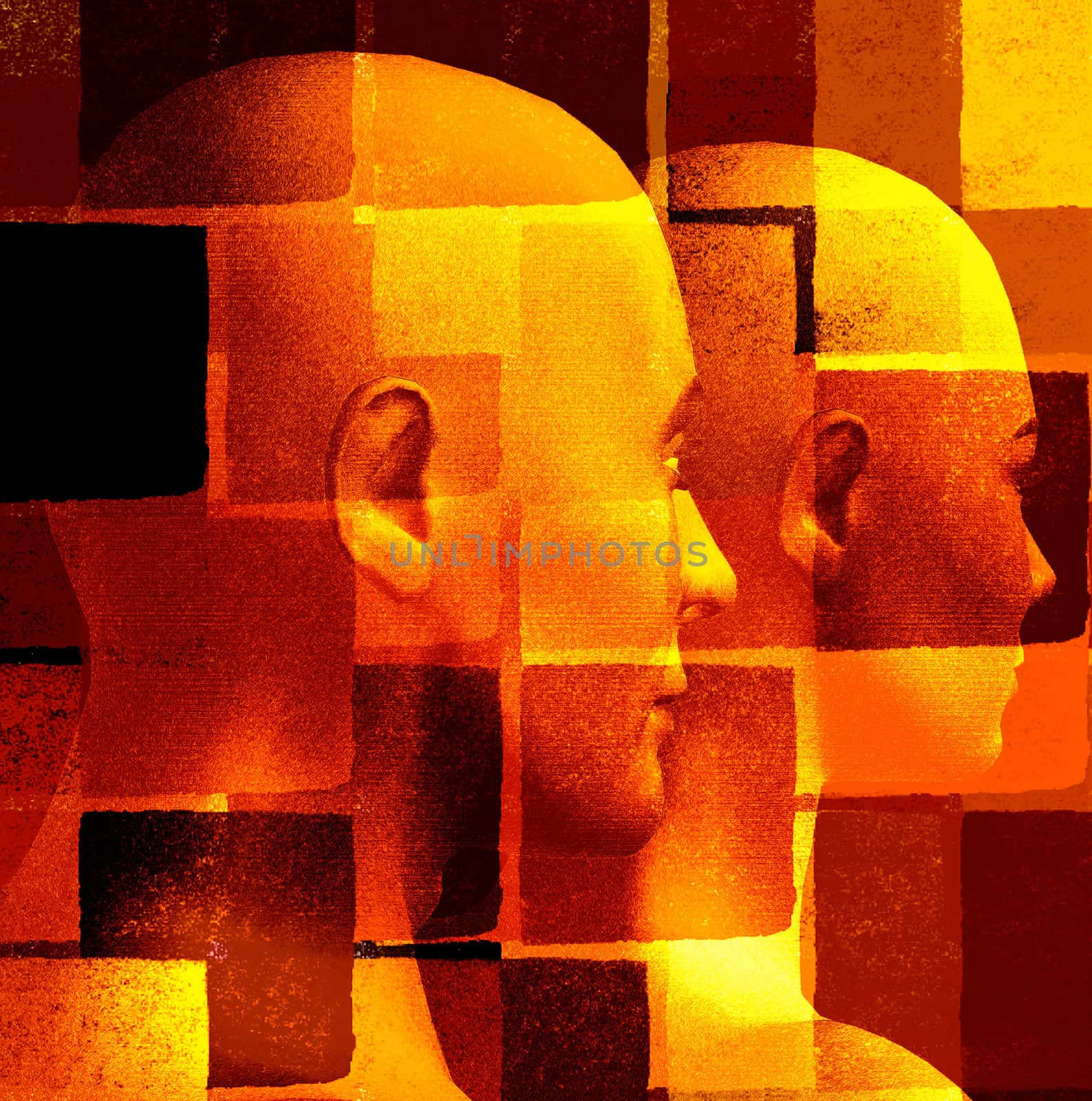 Futuristic couple and geometric pattern. 3d computer generated illustration.