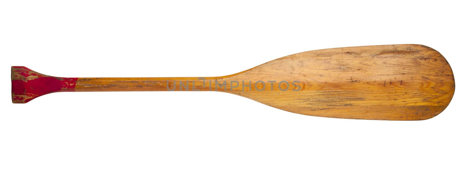 old wooden canoe paddle with a red grip, isolated on white with a clipping path