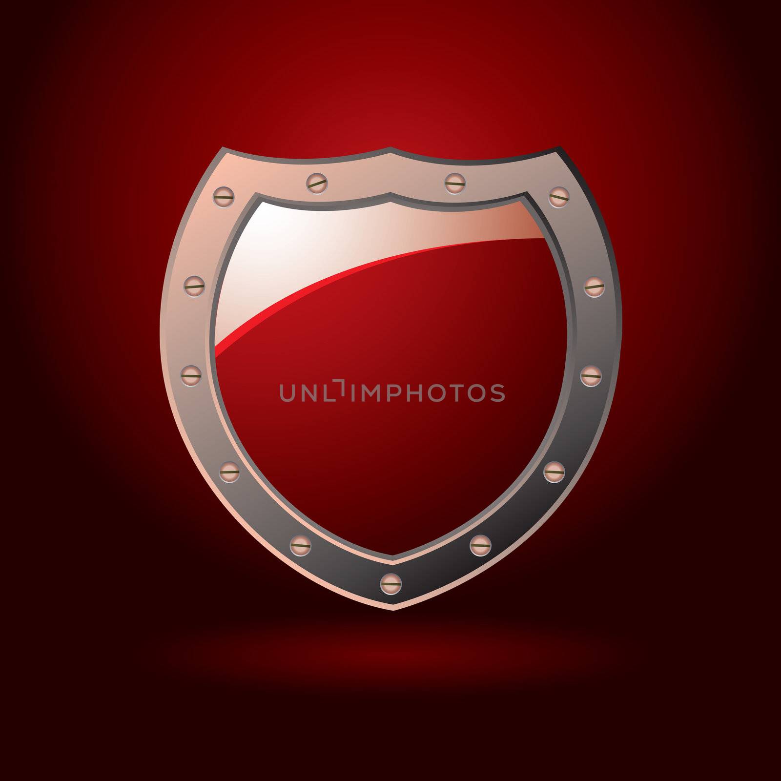 Bright red secure sheild with screws and spot light background