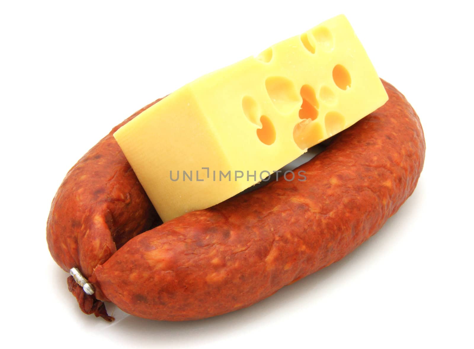 Fresh sausage with cheese on a white background