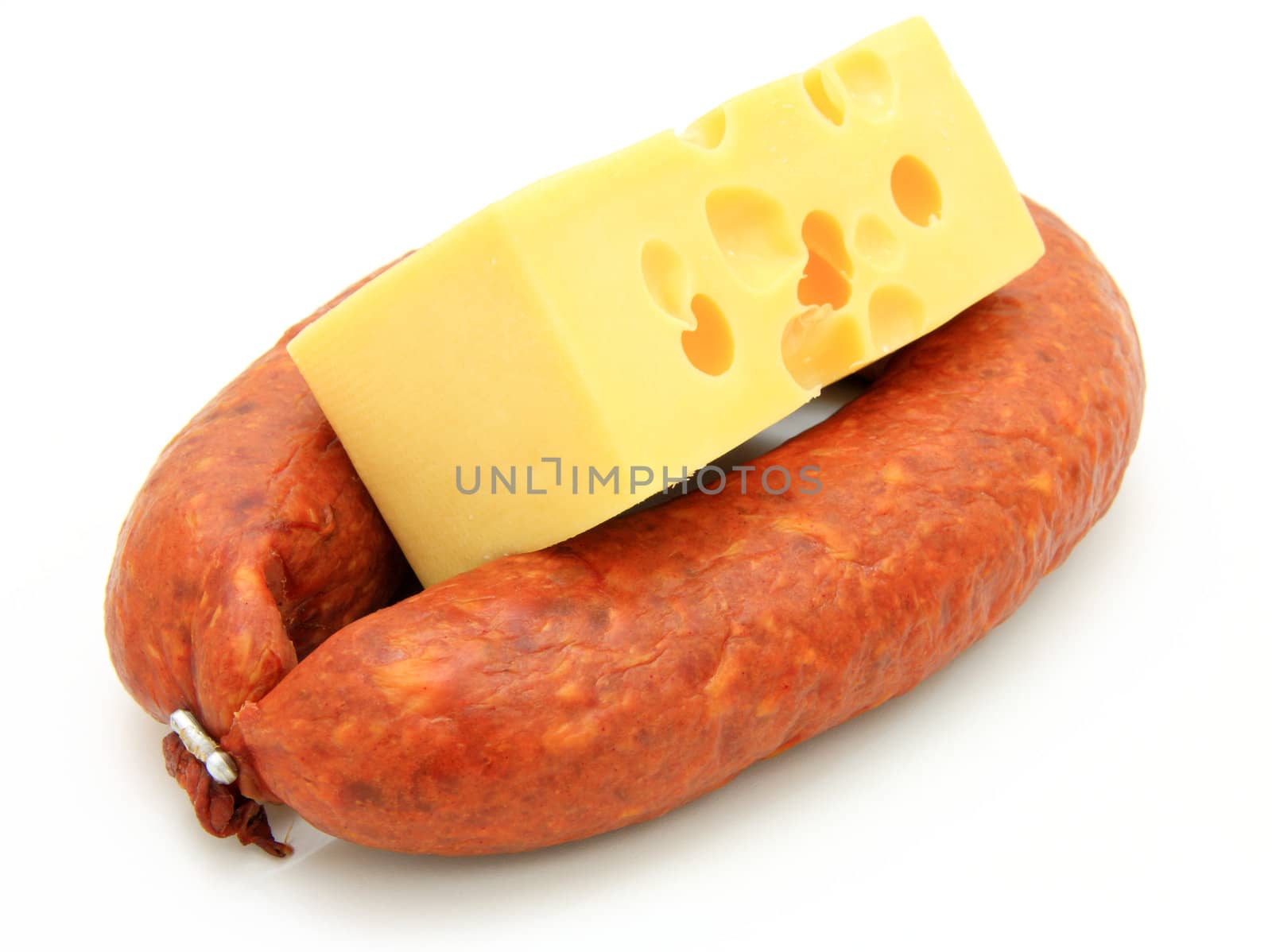 Fresh sausage with cheese on a white background