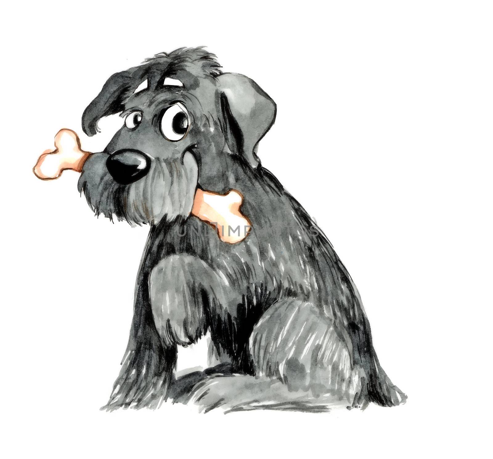 humorous illustration of shaggy dog with bone
