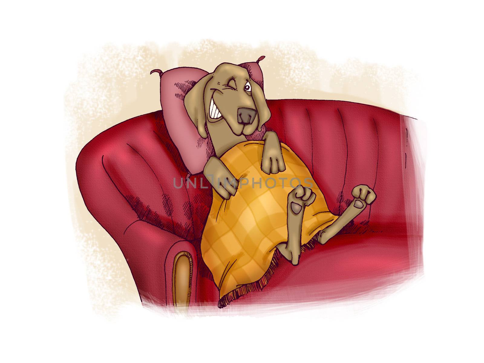 humorous illustration of happy dog on sofa